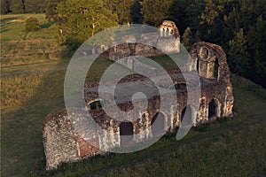 Aerial shot of Waverley Abbey Ruins in Surrey, England. Shot during Sunset using a drone in the middle of summer