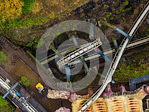 Aerial shot of the work to remove the Rollercoaster Nemesis from the Alton Towers Theme Park, UK.