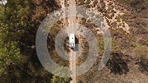 Aerial shots of a motor home exploring the Murray River Basin. Road trip tourism