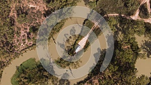 Aerial shots of a motor home exploring the Murray River Basin. Road trip tourism