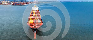 Aerial side view container ship carrying container in import export business logistic and transportation of international by