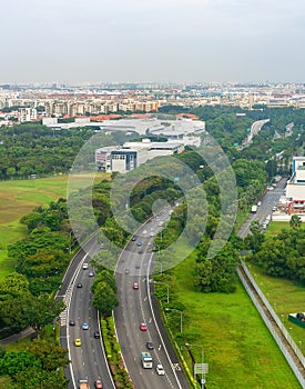 Aerial Singapore cityscape, highway landscape