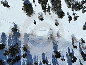 Aerial Ski touring man crossing over the camera view in the mountains in winter season fresh snow. Ski touring on skin