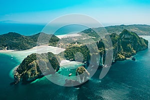 Aerial sky view of Phi Phi  Islands, Nui Beach and Loh Lana bay in Krabi province, Thailand