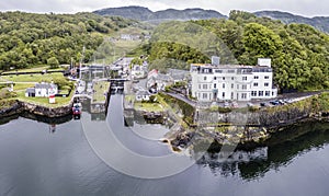 Aerial skyline of the beautiful historic harbour village of Crinan