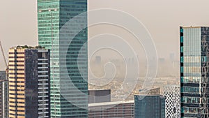 Aerial skyline of a big futuristic city timelapse. Business bay