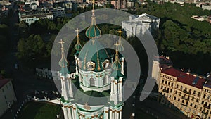 Aerial skyline of Kiev with St. Andrew`s Church and Richard Castle at sunrise - Kiev, Ukraine