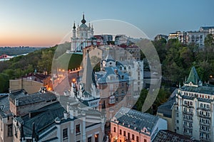 Aerial skyline of Kiva with St. Andrew`s Church and Richard Castle at sunrise - Kiev, Ukraine