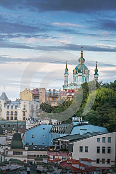 Aerial skyline of Kyv with St. Andrew`s church at sunset - Kiev, Ukraine