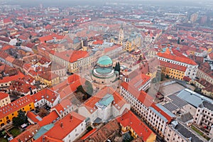 Aerial skyline view about the christmas market at downtown of Pecs.