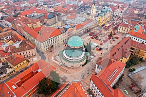 Aerial skyline view about the christmas market at downtown of Pecs.