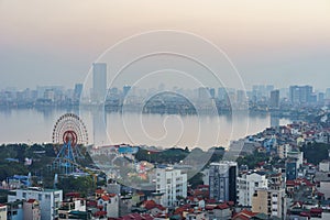 Aerial skyline view of Hanoi city, Vietnam. Hanoi cityscape by sunset period at West Lake, Ho Tay district