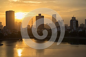 Aerial skyline view of Hanoi. Hanoi cityscape at twilight at Hoang Cau lake