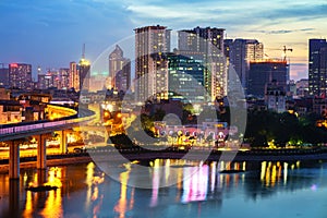 Aerial skyline view of Hanoi. Hanoi cityscape at twilight at Hoang Cau lake