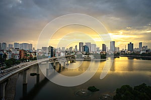 Aerial skyline view of Hanoi. Hanoi cityscape at twilight at Hoang Cau lake