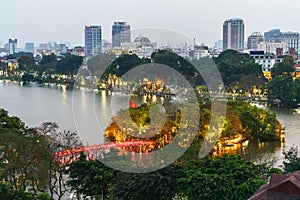 Aerial skyline view of Hoan Kiem lake or Ho Guom, Sword lake. Hoan Kiem is center of Hanoi city. Hanoi cityscape