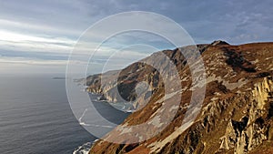 Aerial of Slieve League Cliffs are among the highest sea cliffs in Europe rising 1972 feet or 601 meters above the