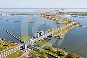 Aerial from sluices at Krabbersgat near Enkhuizen at the IJsselmeer in the Netherlands