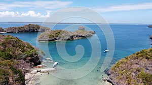 Aerial of a small port at Children`s Island, one of the Hundred Islands in Alaminos, Pangasinan, Philippines