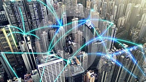 Aerial, smart city and network with blue neon, connection or futuristic cyber security, global or code and iot. Urban