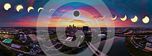 Aerial Solar Eclipse over Indianapolis Skyline at Sunrise