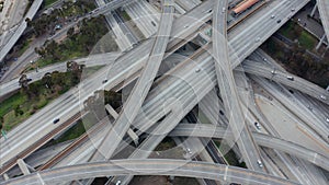 AERIAL: Spectacular Fly over Judge Pregerson Highway showing multiple Roads, Bridges, Viaducts with little car traffic