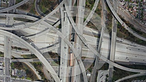 AERIAL: Spectacular Overhead Shot of Judge Pregerson Highway showing multiple Roads, Bridges, Viaducts with little car