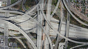 AERIAL: Spectacular Overhead Shot of Judge Pregerson Highway showing multiple Roads, Bridges, Viaducts with little car