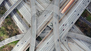 AERIAL: Spectacular Overhead Shot of Judge Pregerson Highway showing multiple Roads, Bridges, Viaducts with little car