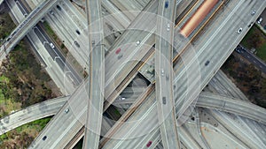 AERIAL: Spectacular Overhead Shot of Judge Pregerson Interchange showing multiple Roads, Bridges, Highway with little