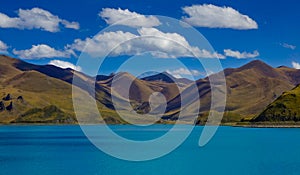 AERIAL: Spectacular shot of the mountainous landscape surrounding Yamdrok lake.