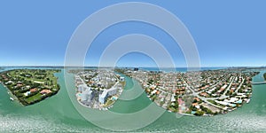 Aerial spherical panorama Miami Beach homes on waterfront island