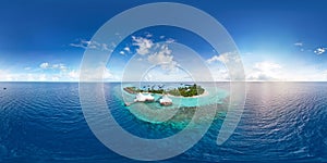 Aerial spherical panorama of tropical paradise beach  on tiny Maldives island photo