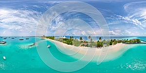 Aerial spherical panorama of tropical paradise beach  on tiny Maldives island photo