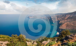 Aerial spring view of Asos peninsula and town. Breathtaking morning seascape of Ionian Sea. Gorgeous outdoor scene of Kephalonia photo
