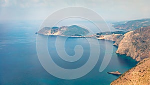 Aerial spring view of Asos peninsula and town. Colorful morning seascape of Ionian Sea. Amazing outdoor scene of Kephalonia island