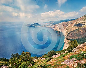 Aerial spring view of Asos peninsula and town. Romantic morning seascape of Ionian Sea. Exciting outdoor scene of Kephalonia islan photo