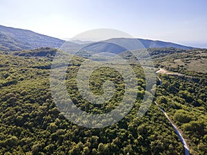 Aerial spring view of Rhodopes Mountain near town of Kuklen, Bulgaria