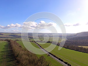 Aerial still image at 200ft over West Sussex farmland.