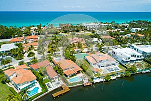 Aerial stock photo of luxury waterfront Miami homes