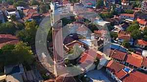 Aerial stock video, the iconic Yivli Minaret Mosque takes center stage in the heart of Antalya's historical