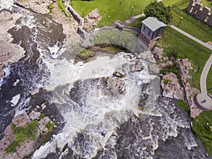 Aerial straight down view of the falls at Sioux Falls, South Dakota and the Queen Bee Mill