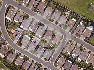 Aerial straight down view of streets and houses, many with solar panels in Folsom, California
