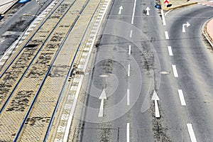 Aerial of streetcar rails and road markings in Cologne