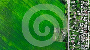 Aerial suburban agricultural idyllic landmark landscape nature scenic view in peaceful spring time weather day, empty copy space