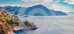 Aerial summer cityscape of Conca dei Marini town, province of Salerno in the Campania region of south-western Italy, Europe.