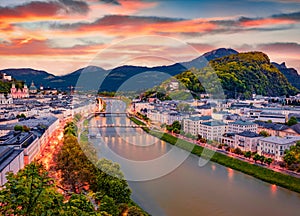 Aerial summer cityscape of Salzburg, Old City, birthplace of famed composer Mozart.