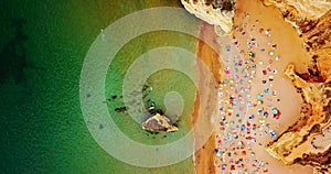Aerial Summer Top View From Flying Drone Of People Having Fun On Beach In Portugal