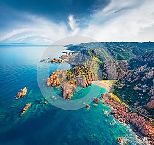 Aerial summer view of Costa Paradiso, Sardinia island,