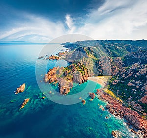 Aerial summer view of Costa Paradiso, Sardinia island, Italy, Europe.